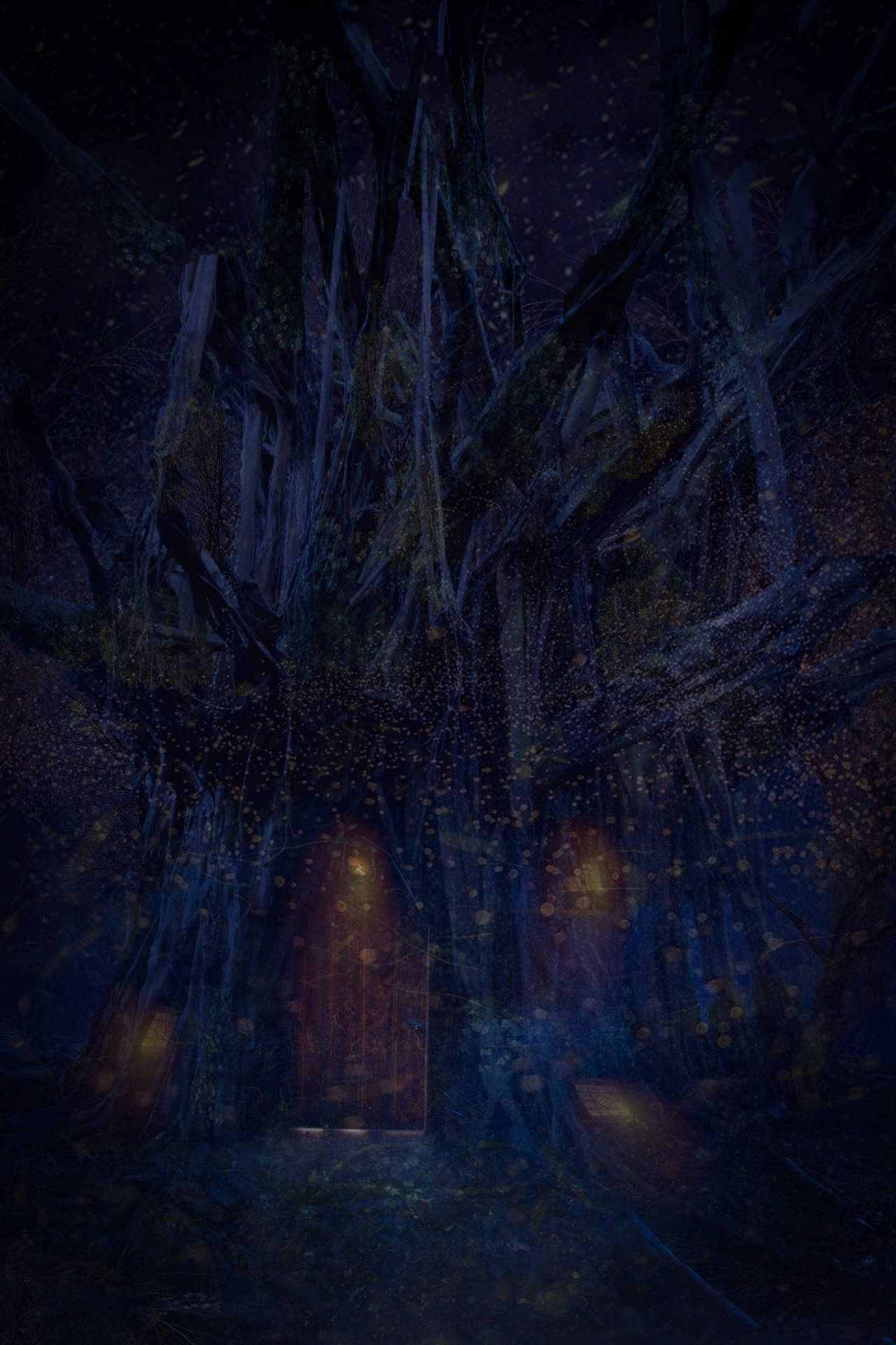 Creepy Gloomy Tree Door Background