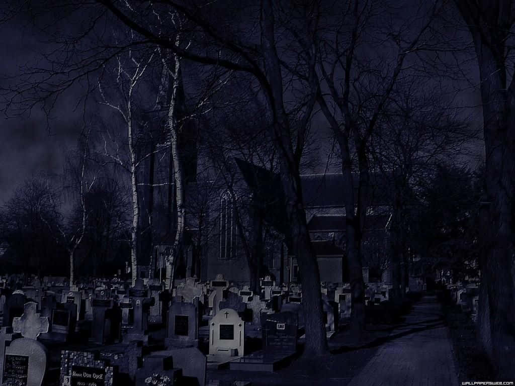 Creepy Halloween Graveyard At Night Background