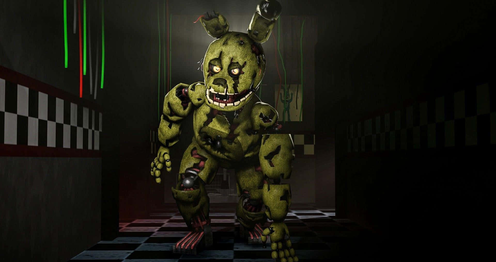 Creepy Springtrap Standing Tall In A Dimly Lit Abandoned Room Background