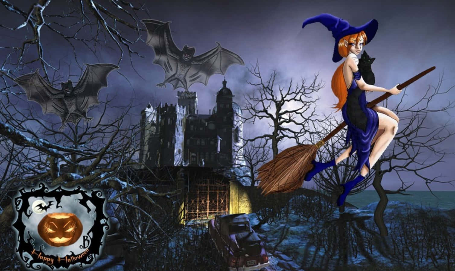 Creepy Witch Cackles During A Full Moon On Halloween Night. Background