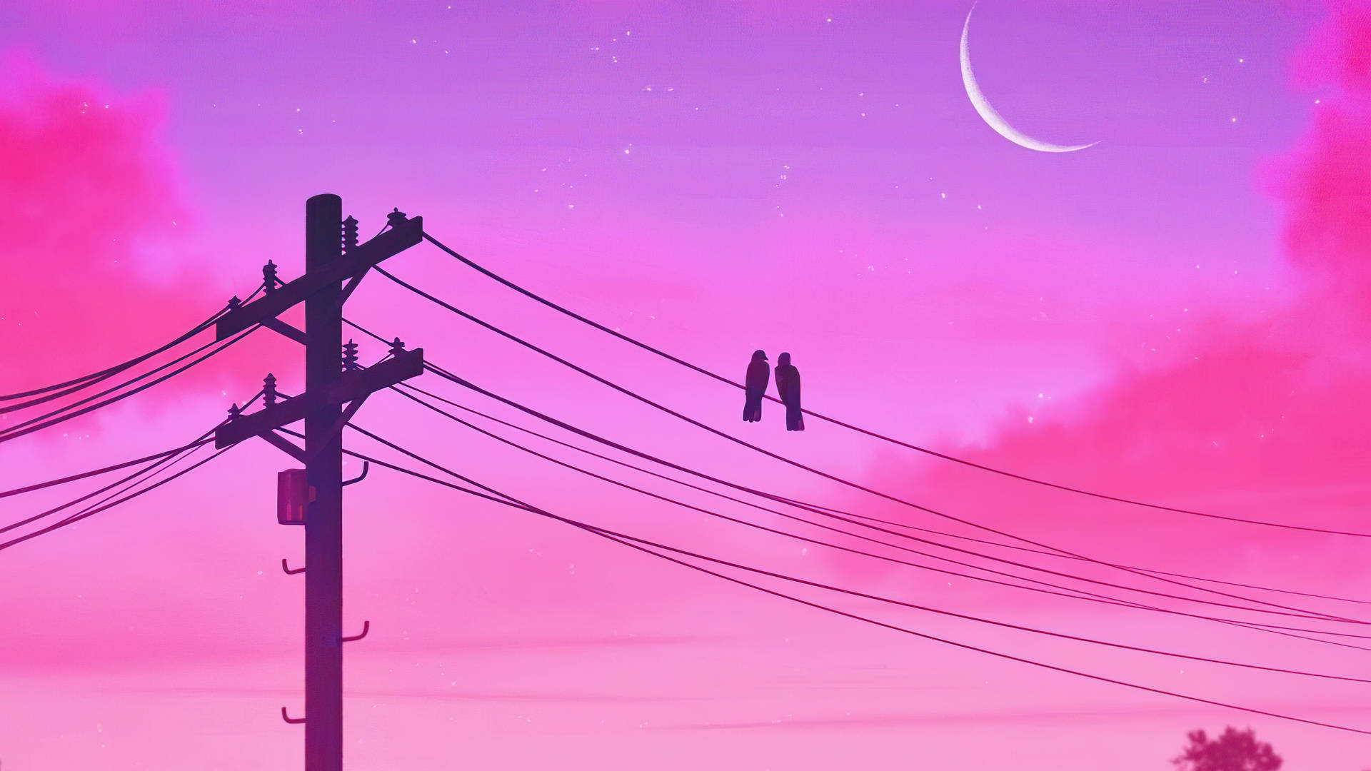 Crescent Aesthetic Moon And Love Birds Background