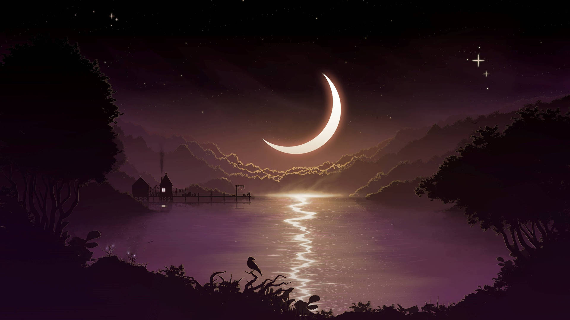 Crescent Moon In Lake Background
