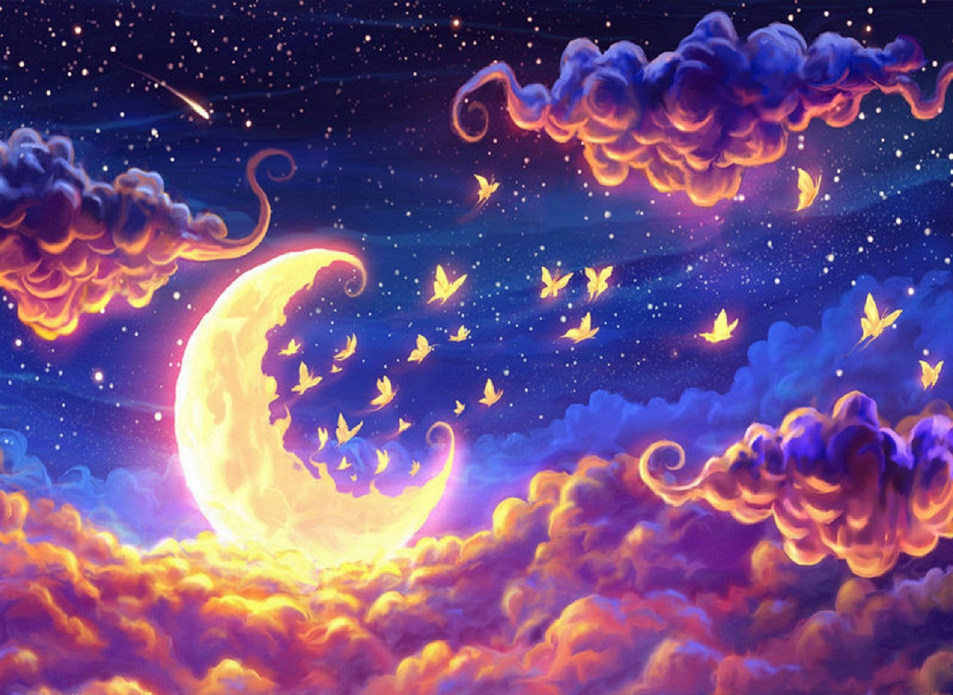 Crescent Moon Night Butterfly Background