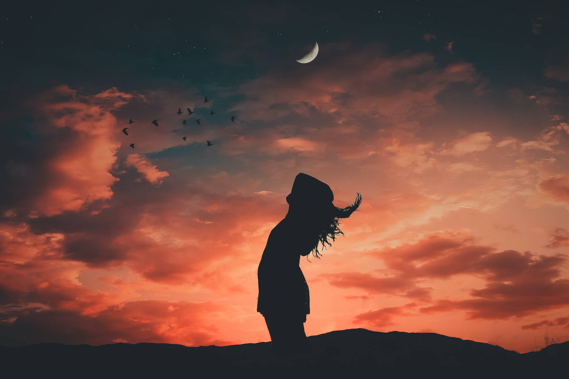 Crescent Moon With Woman Silhouette Background