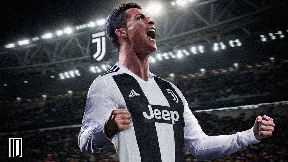 Cristiano Ronaldo Portugal Juventus Celebrating In Stadium Background