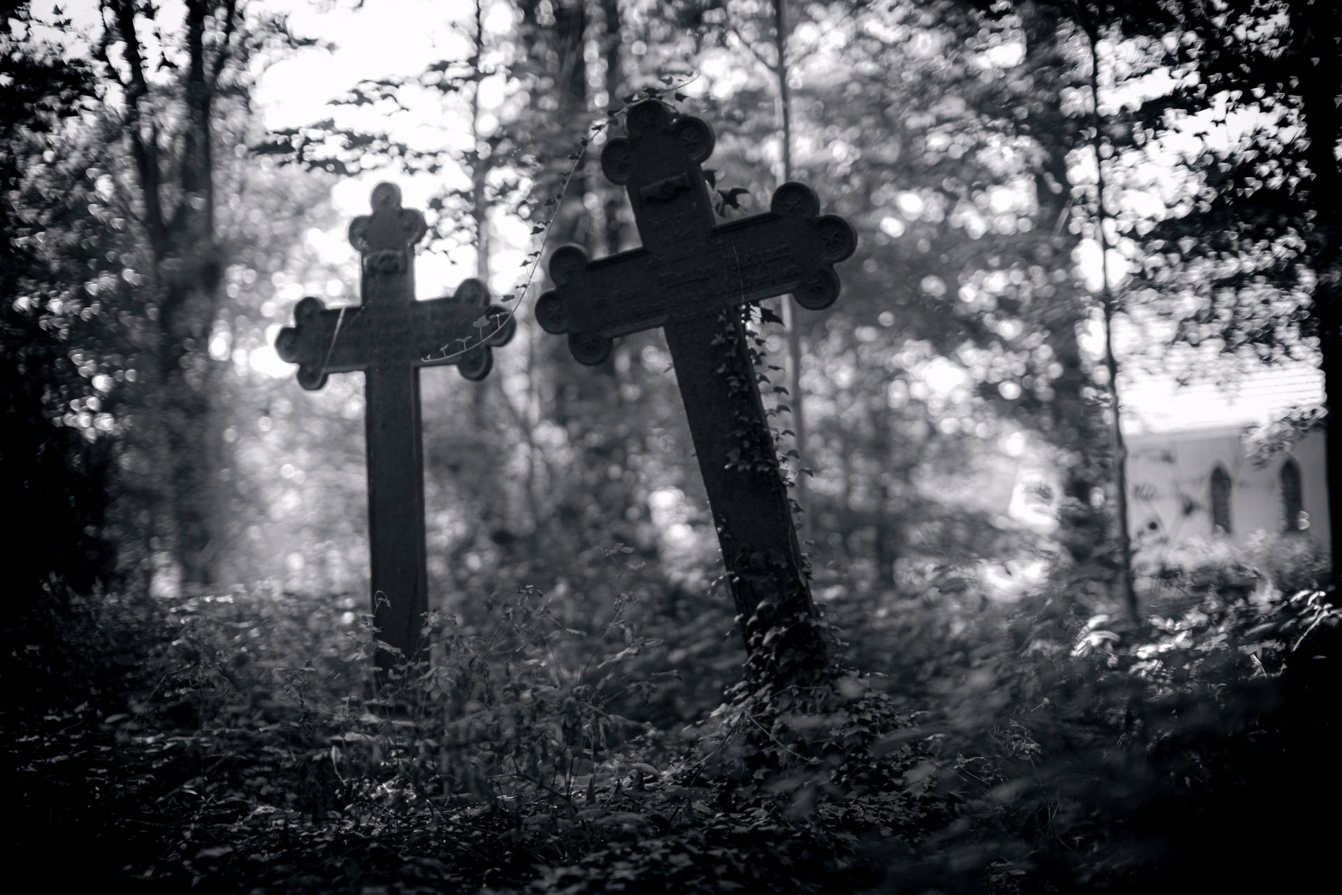 Cross Tombstones In Graveyard Background