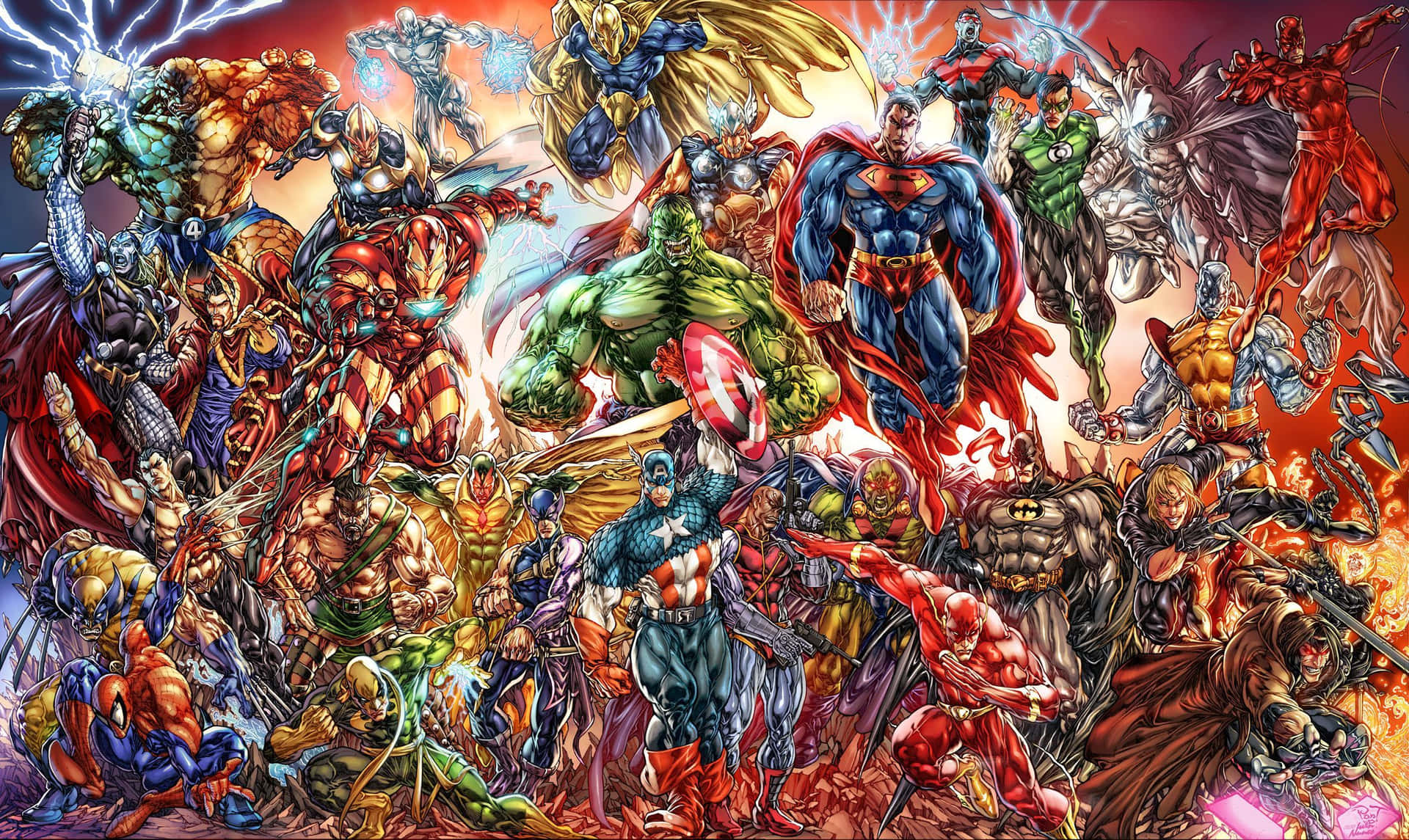 Crossover Of Marvel And Dc Superhero Collage Background