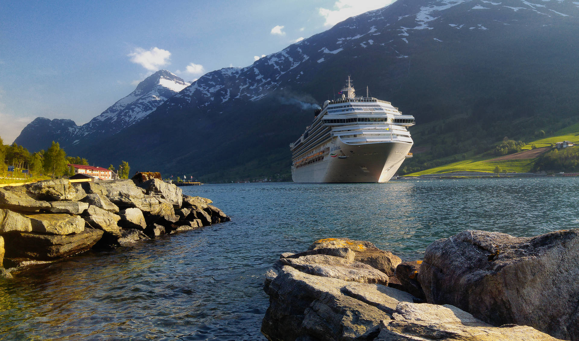 Cruise Ship And Mountains Background