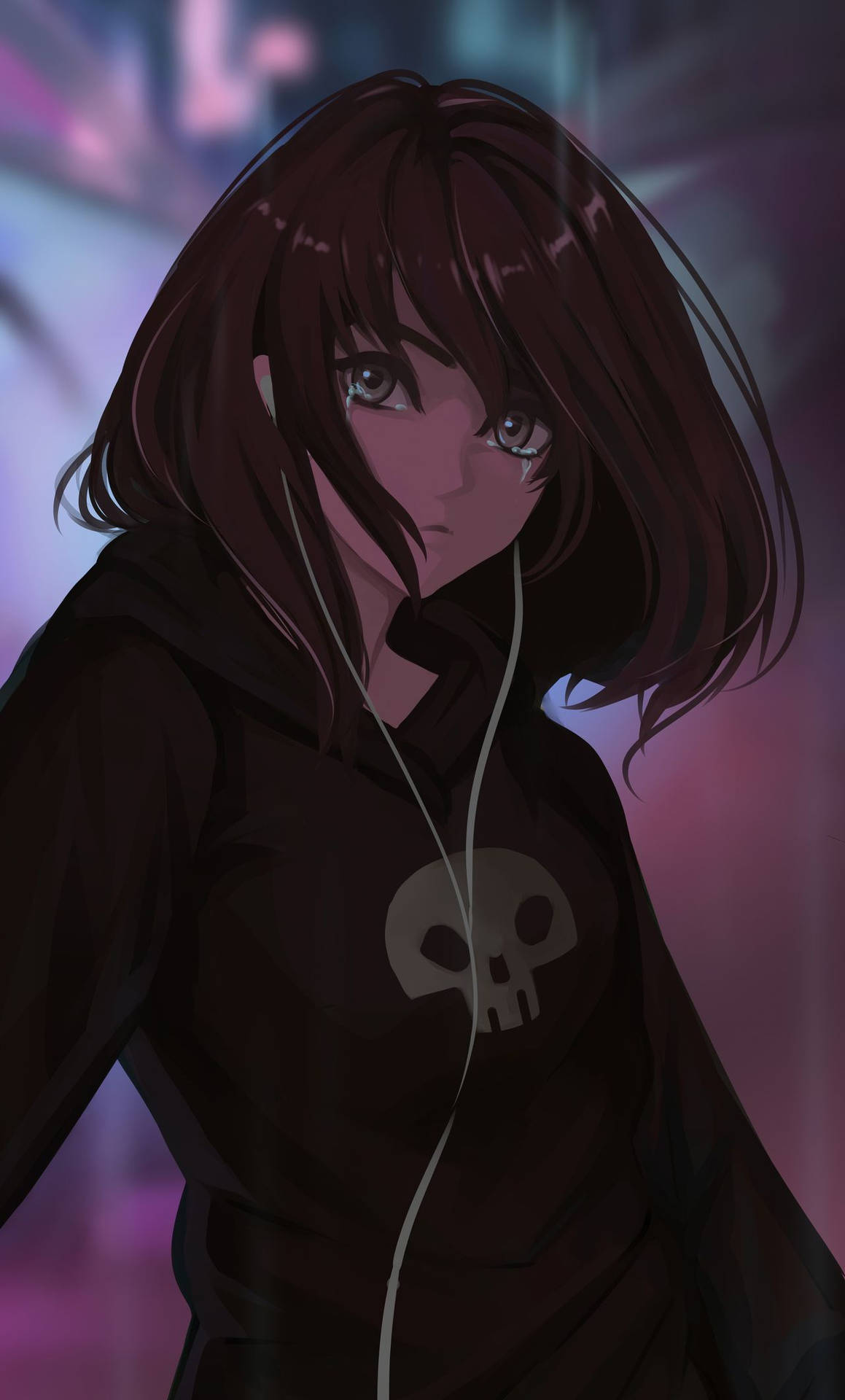 Crying Anime Girl In Hoodie Background