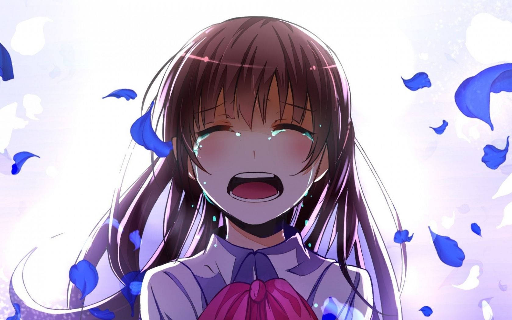 Crying Anime Girl With Blue Petals Aesthetic Background