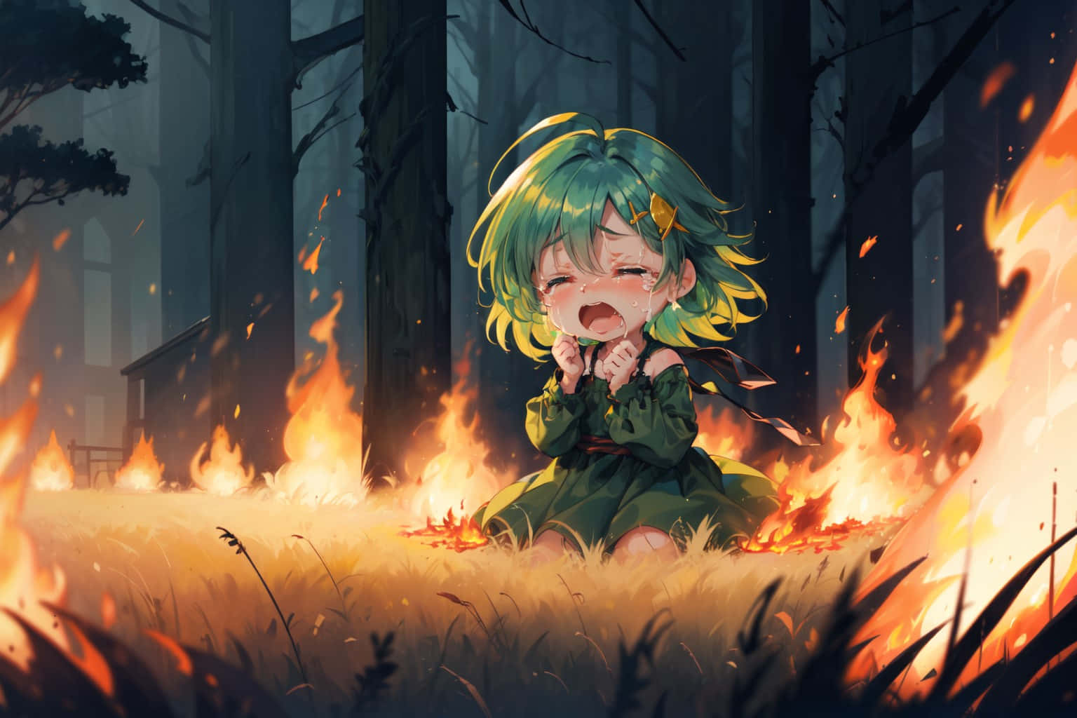 Crying Child Fire Forest Anime Art
