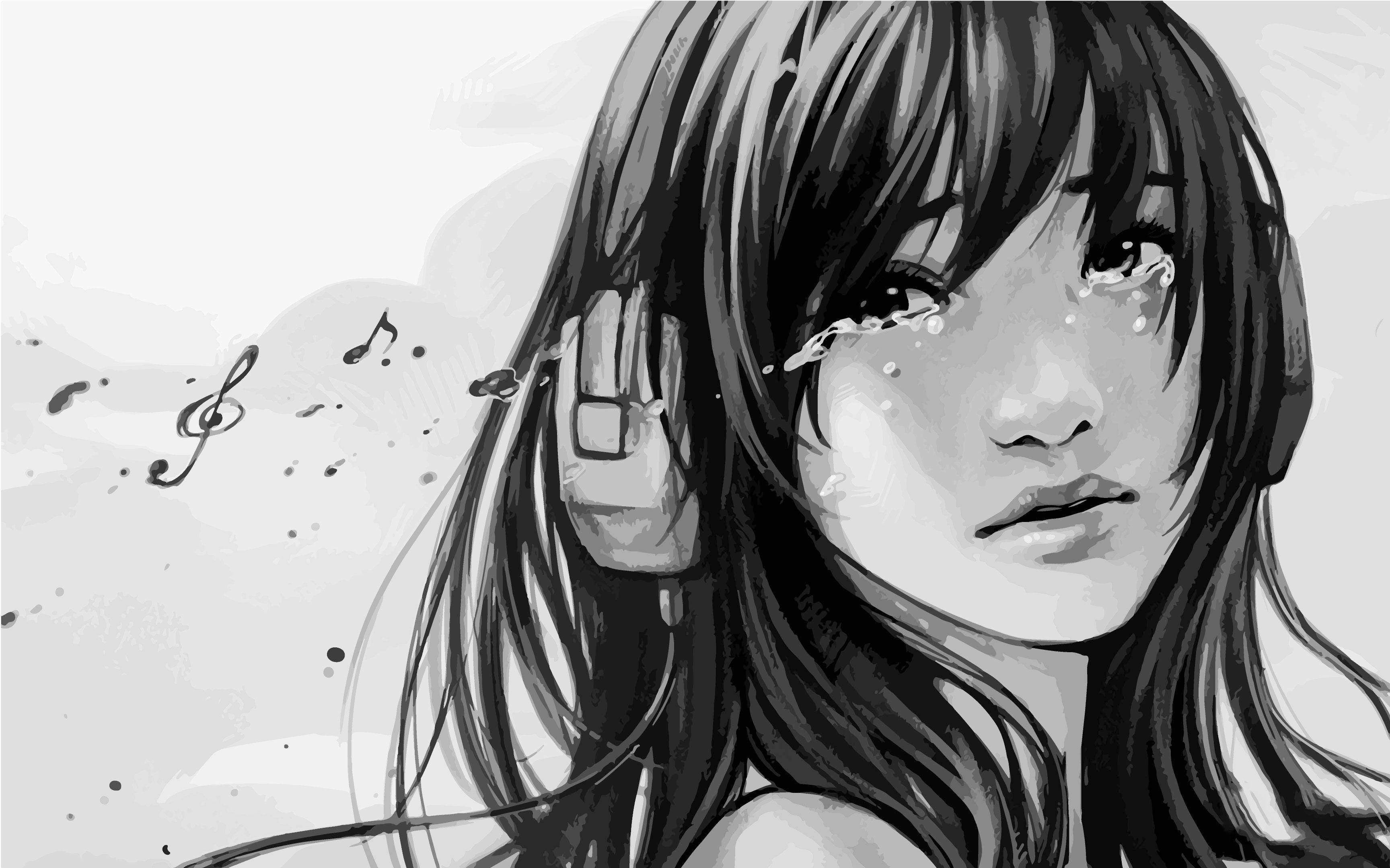 Crying Sad Anime Girl Black And White Desktop Background