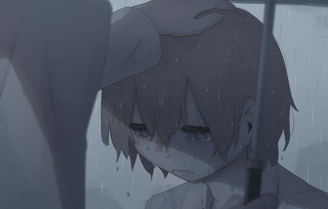 Crying Sad Boy With Umbrella Background