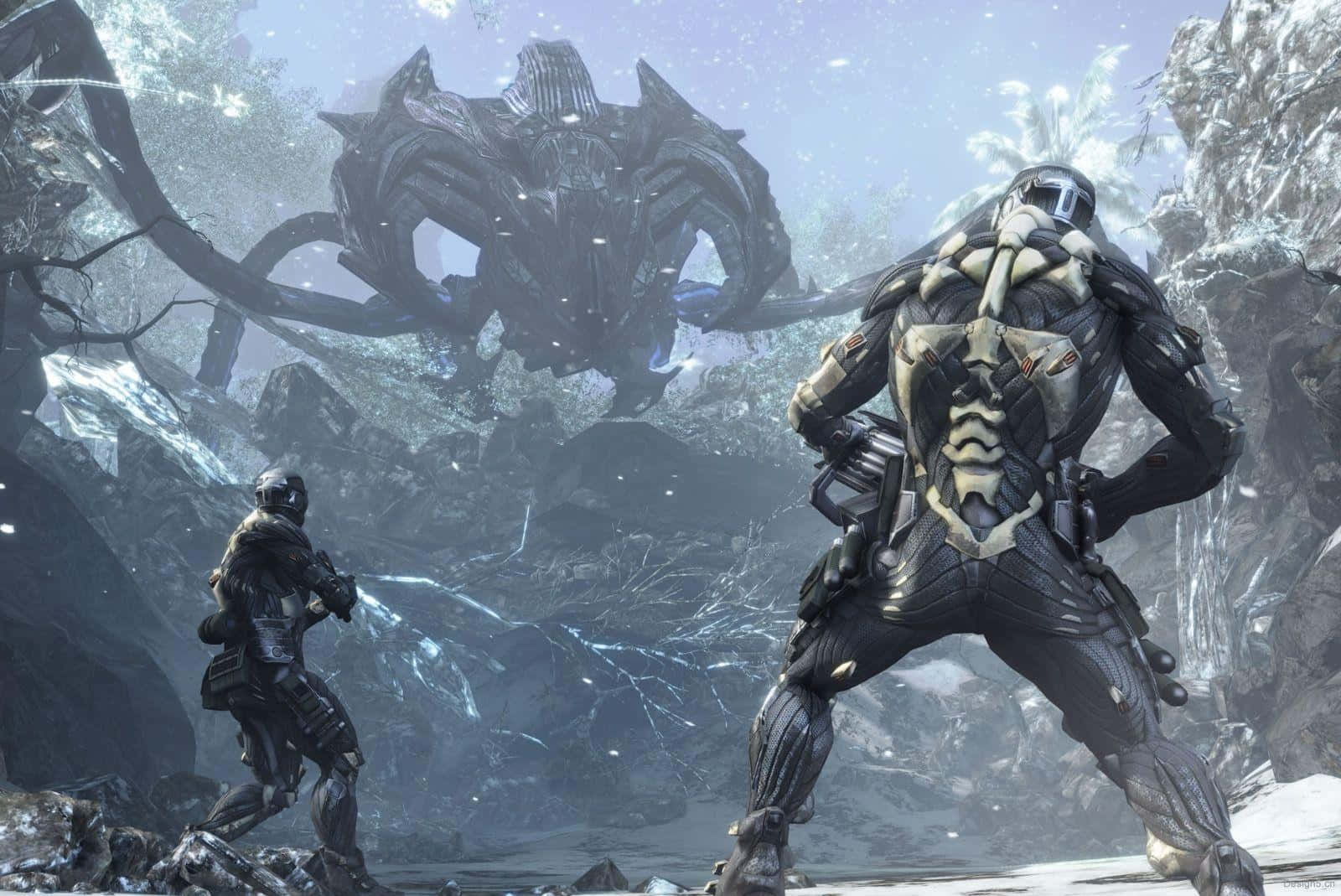 Crysis Frozen Landscape With Alien And Soldiers Background