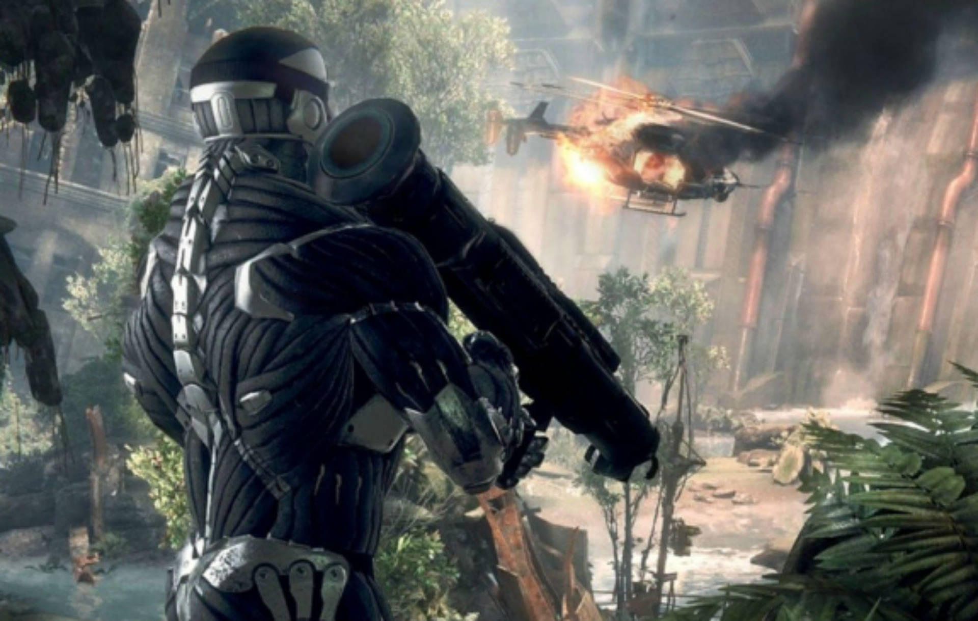 Crysis Remastered Shot Helicopter Burning Background