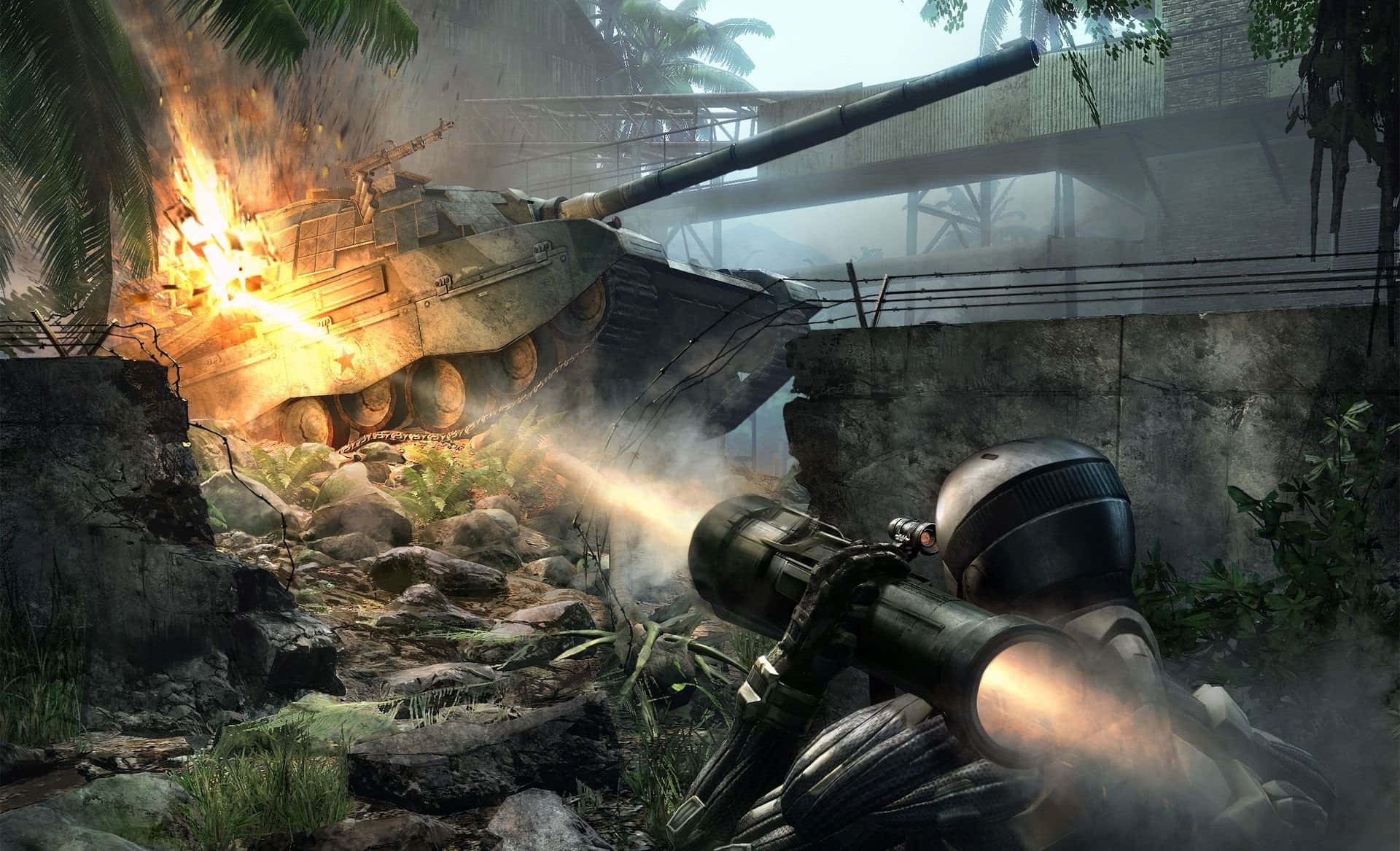Crysis Tank Explosion Jungle Combat Background