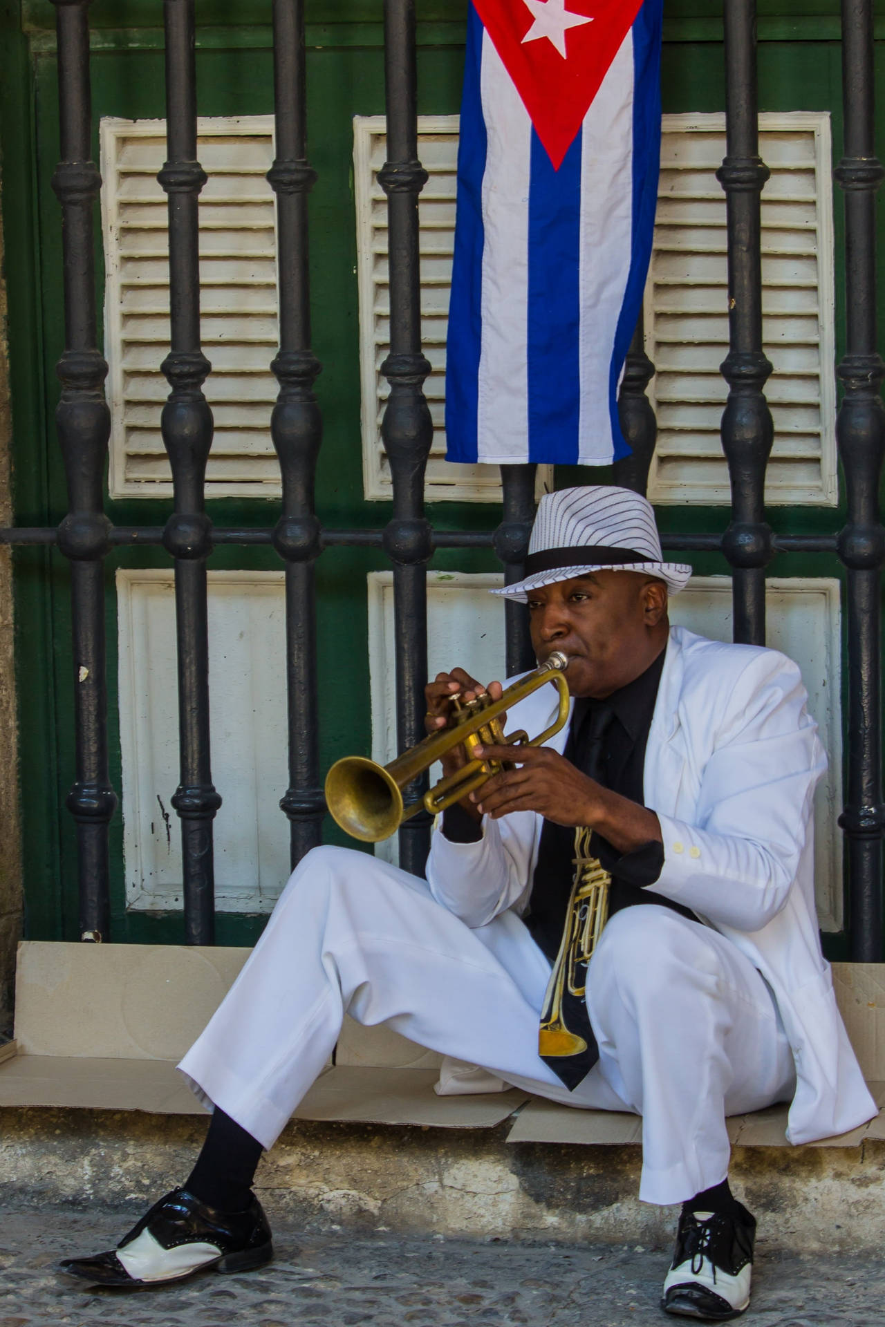 Cuban Flag Above Trumpet Player Background