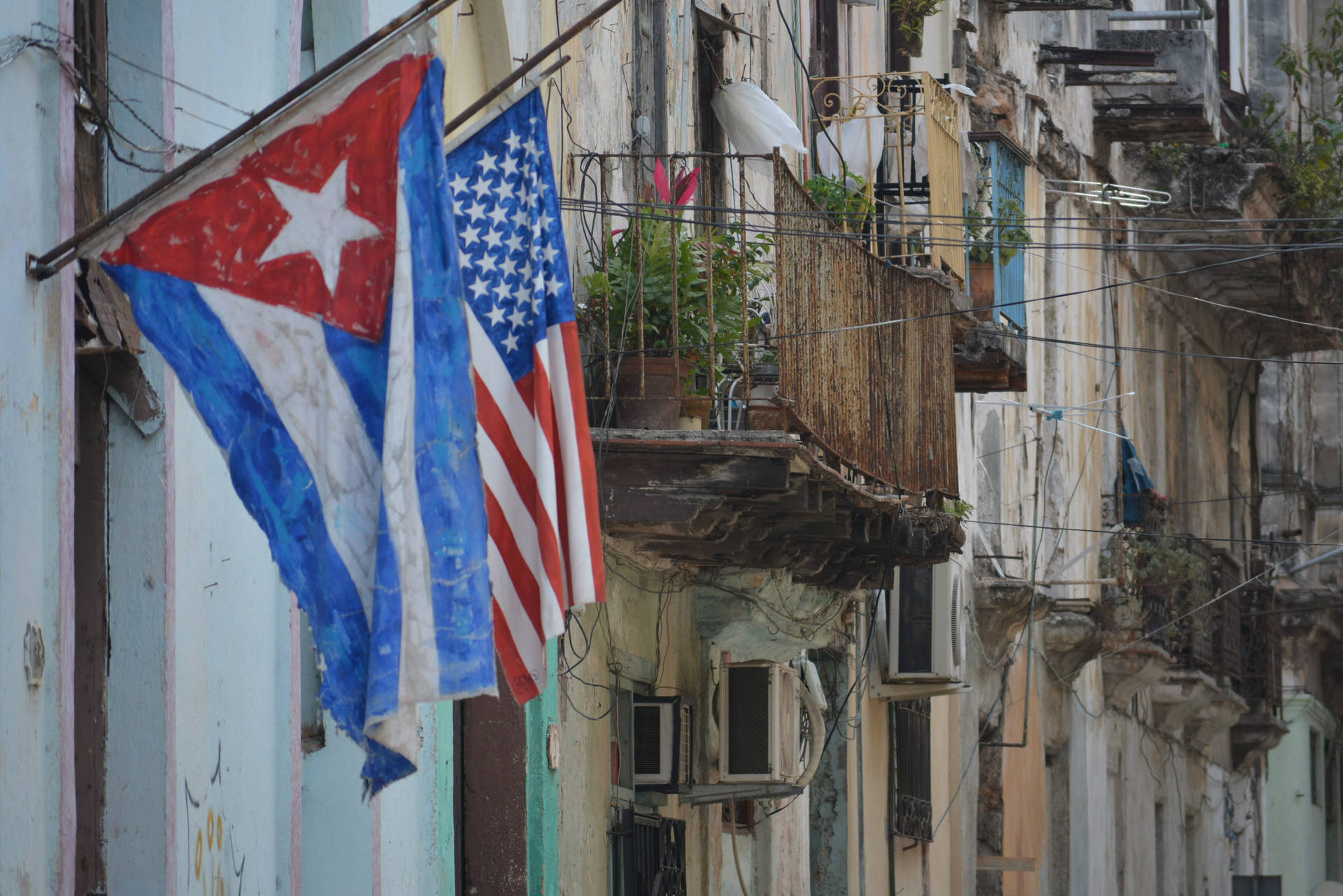 Cuban Flag Usa Flag Havana Street Background