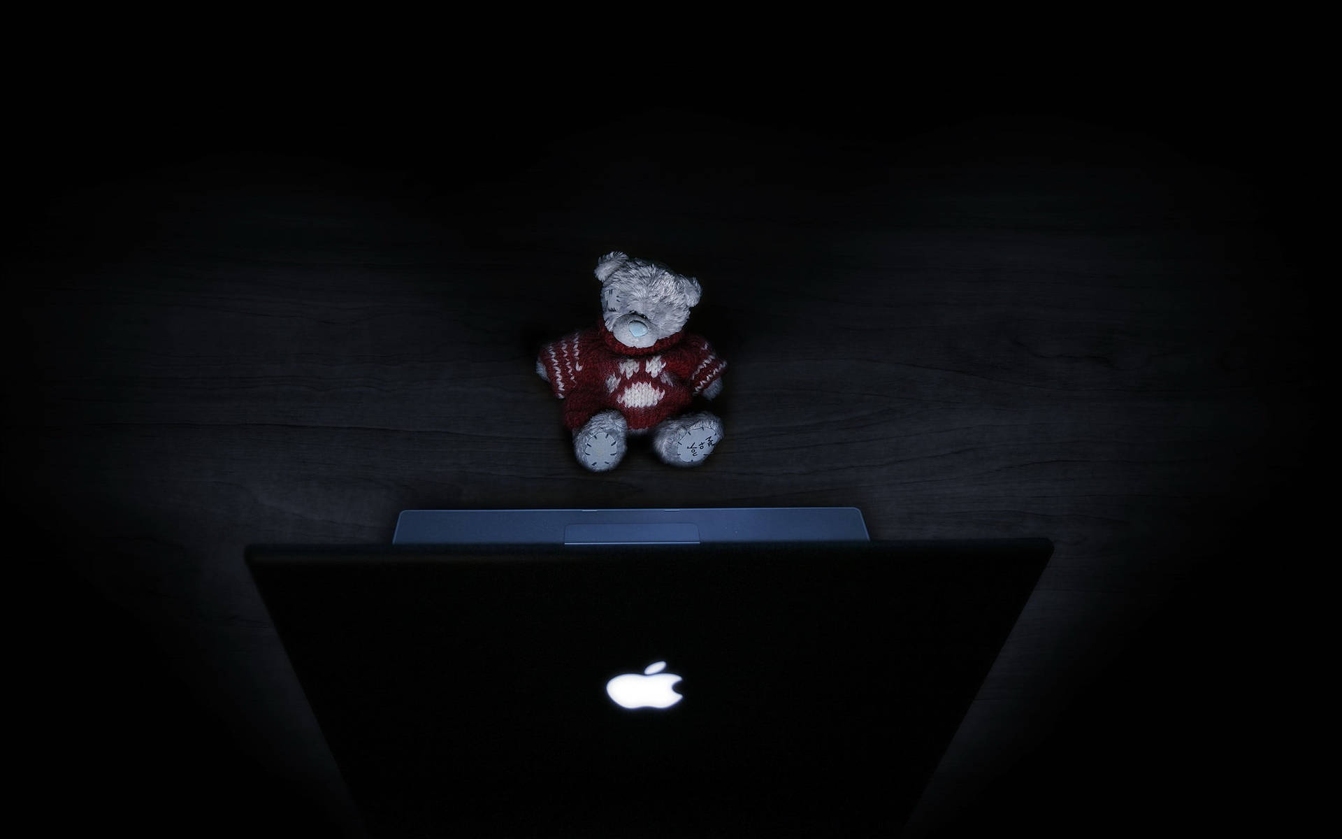 Cuddly Teddy Bear With Black Mac Computer Background