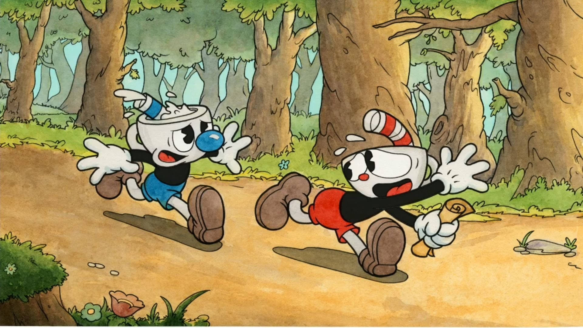 Cuphead And Mugman In The Forest Background