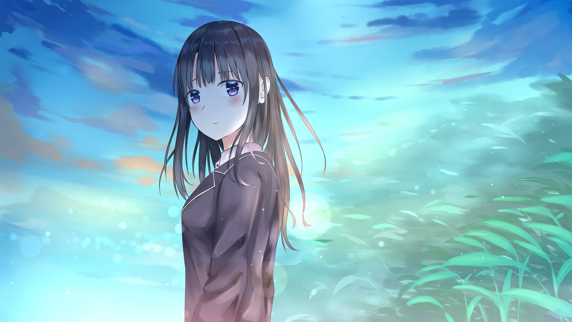 Curious Sad Anime Girl Looking Back Background