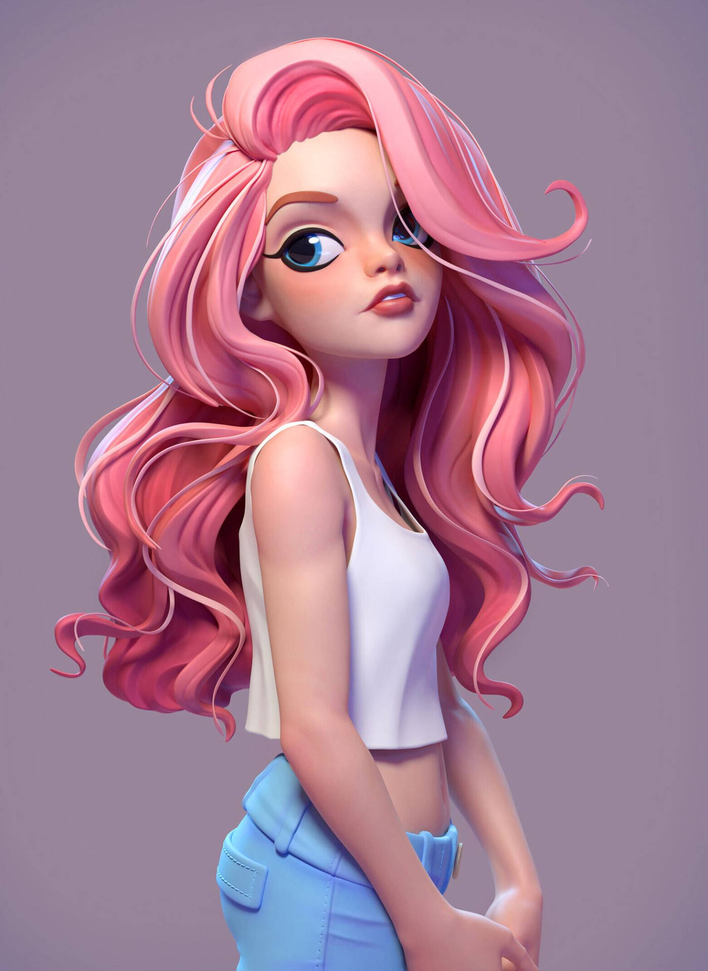 Curly Cool Girl Cartoon In Pink