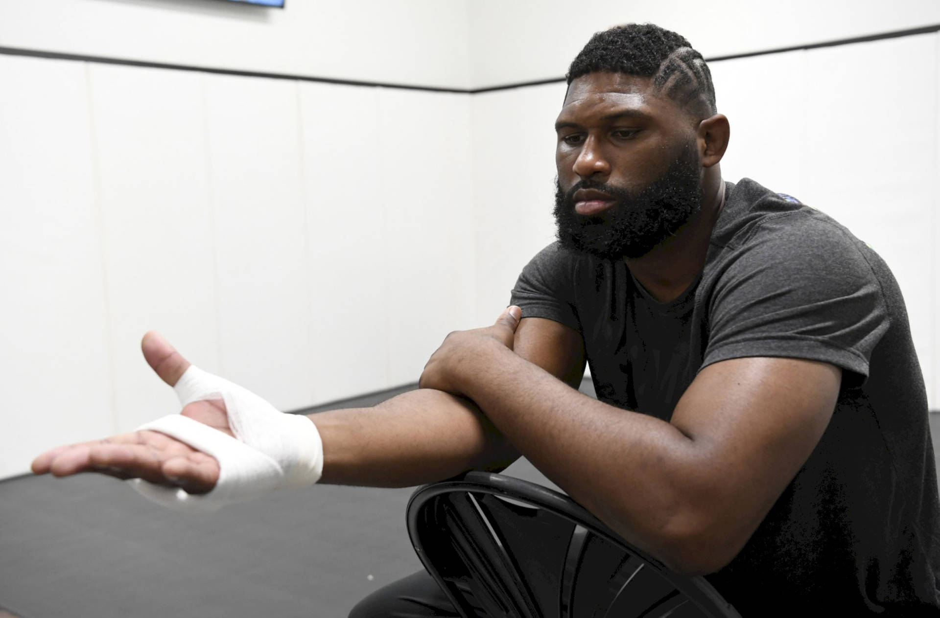 Curtis Blaydes Showing Off Bandaged Hand Post-fight Background