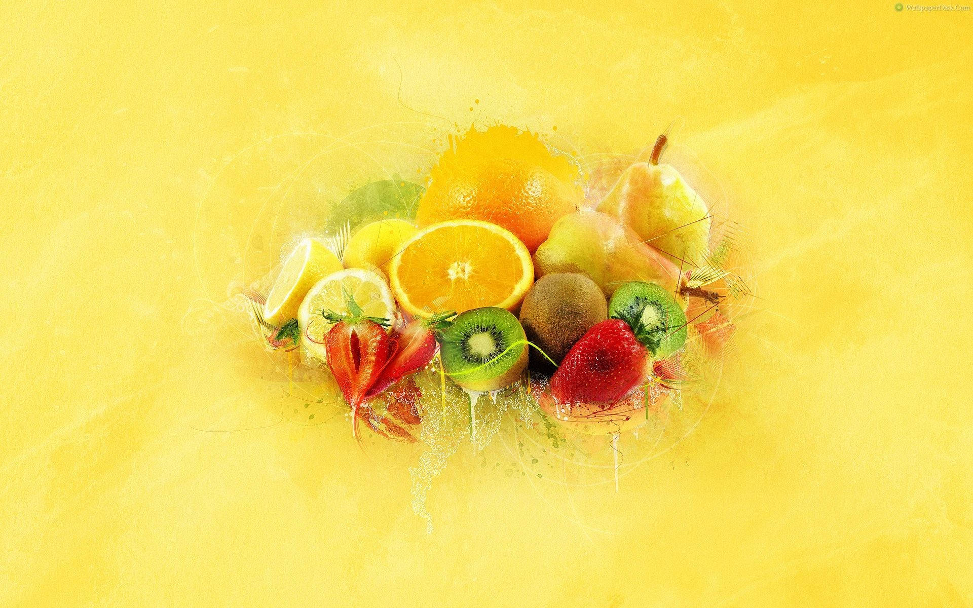 Cut Up Fruits In Yellow Background Background