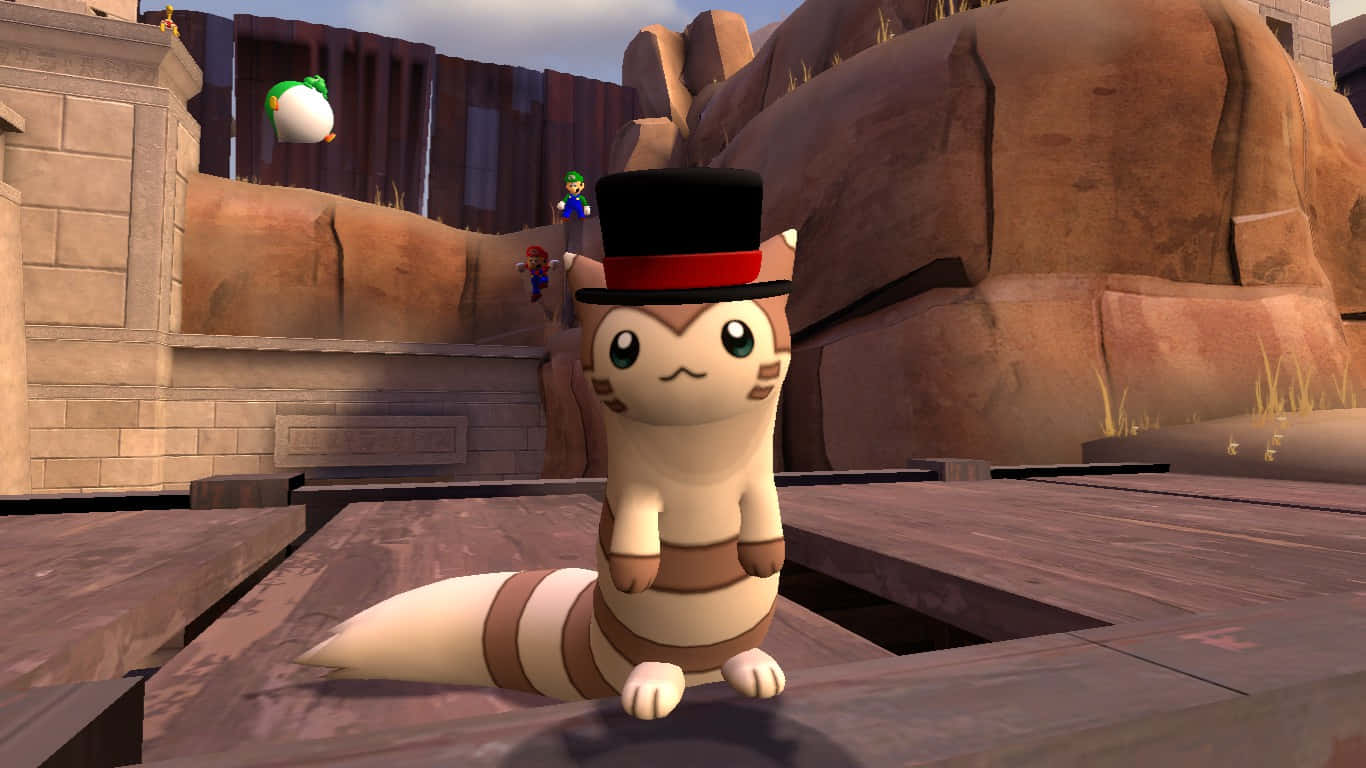 Cute 3d Furret Wearing A Top Hat Background