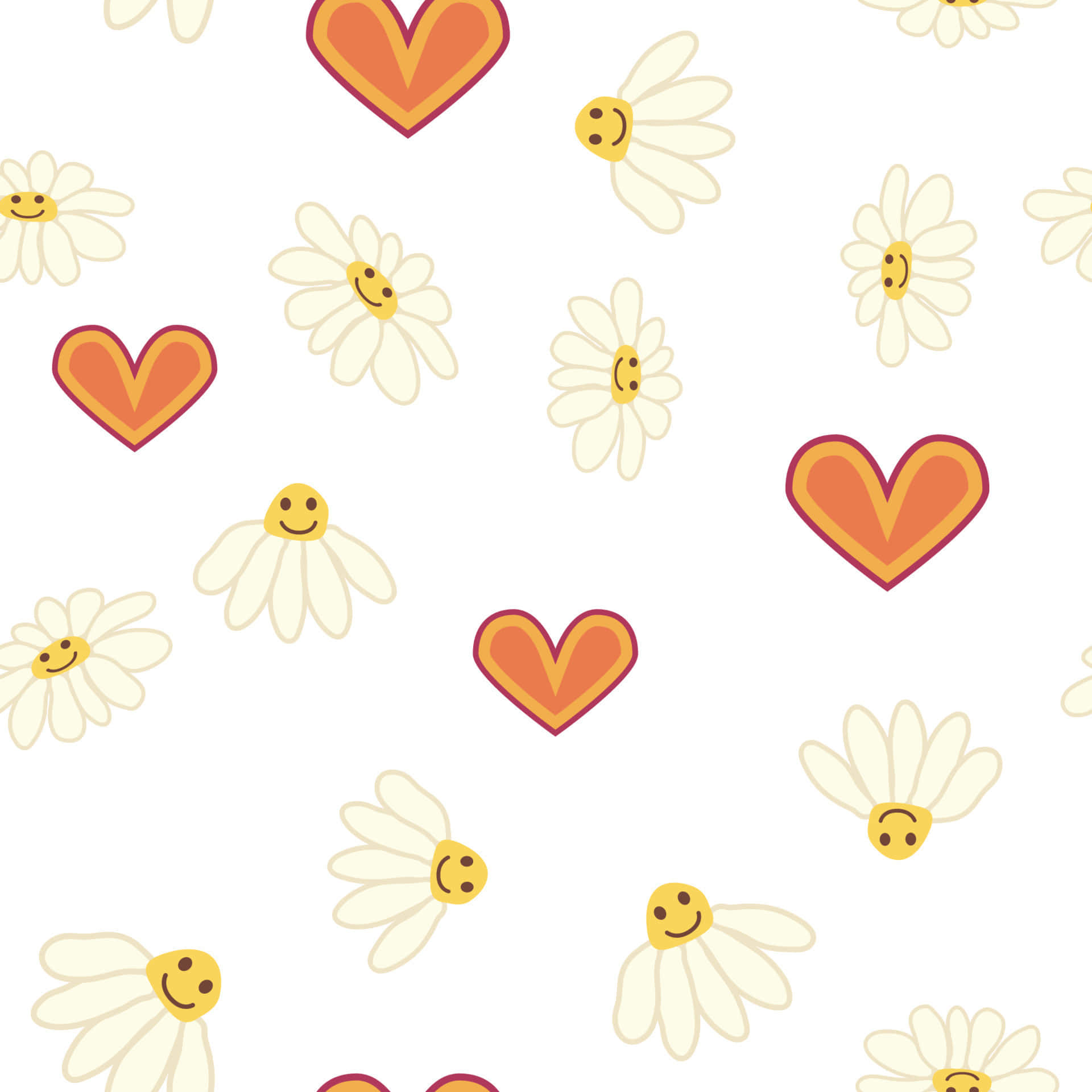 Cute 70s Floral Daisies Pattern With Hearts Background