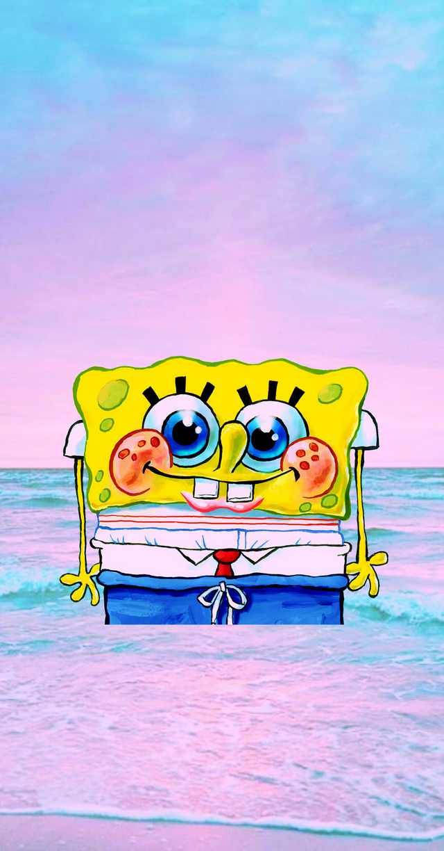 Cute Aesthetic Cartoon Spongebob On Beach Background