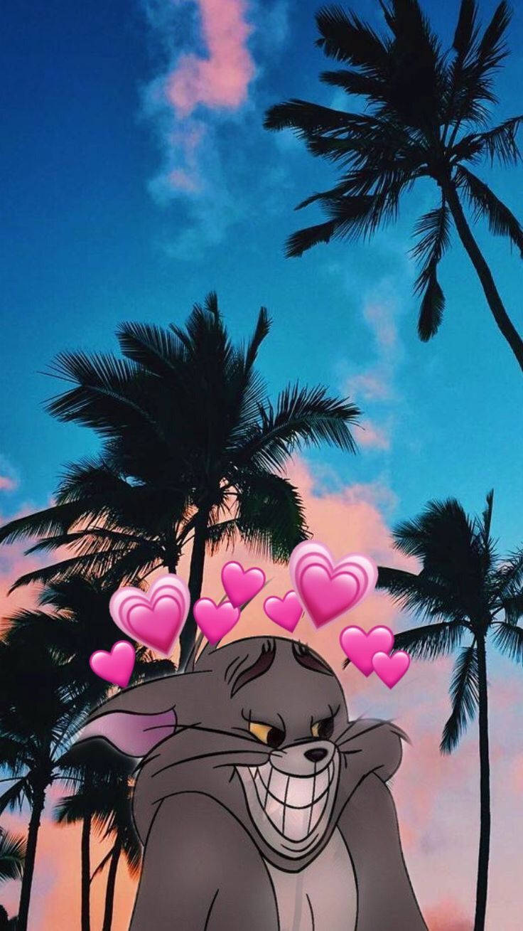 Cute Aesthetic Cartoon Tom With Hearts Background