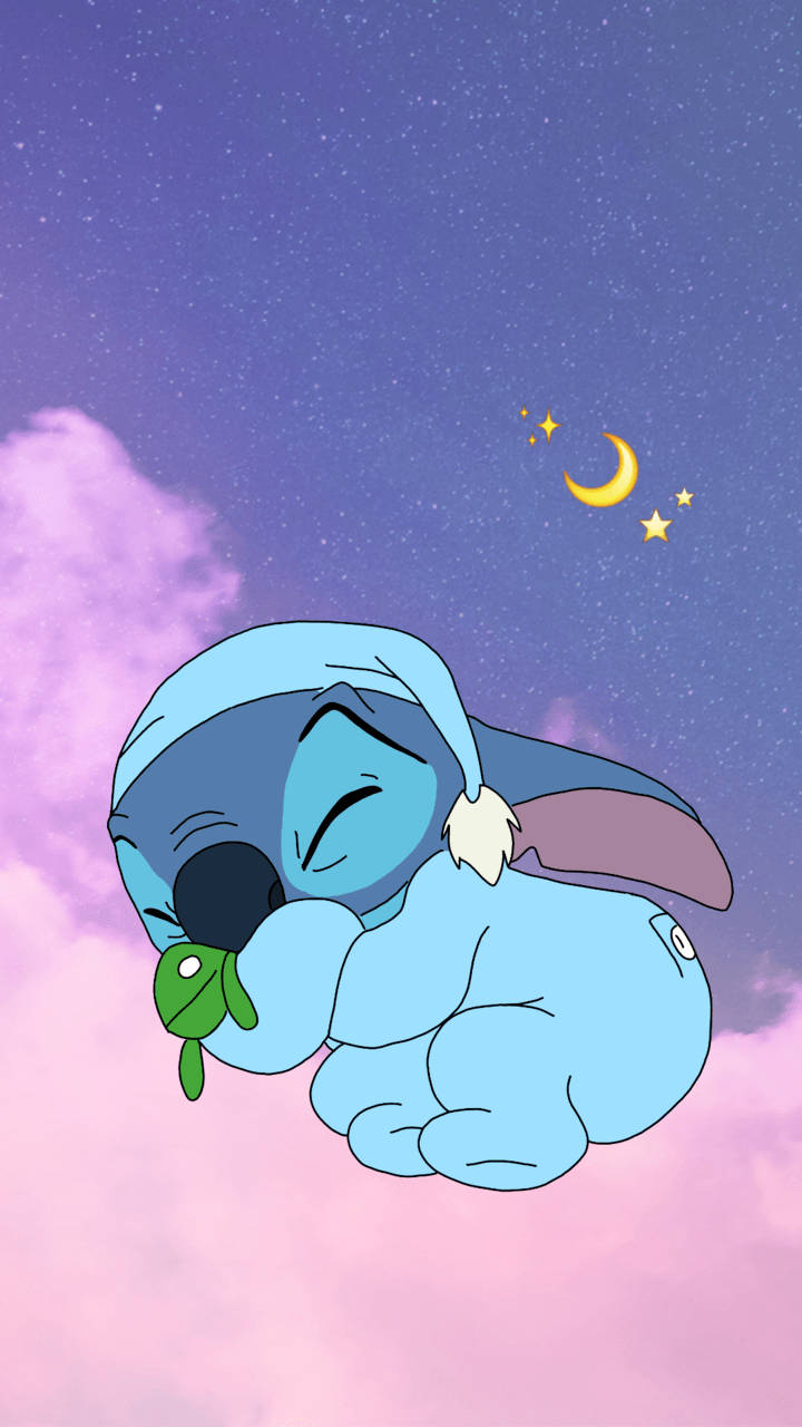 Cute Aesthetic Stitch Sleeping On Cloud Background