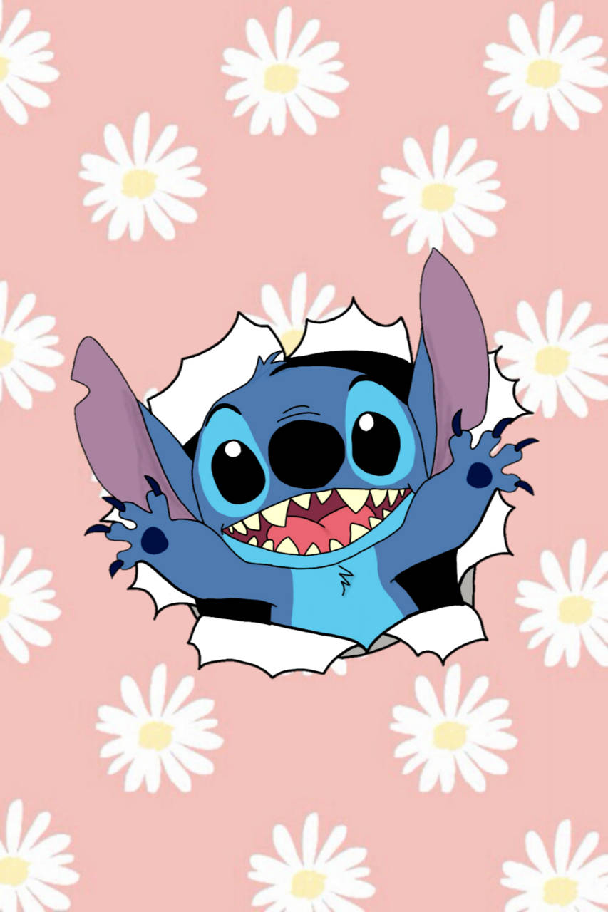 Cute Aesthetic Stitch With Floral Backdrop Background