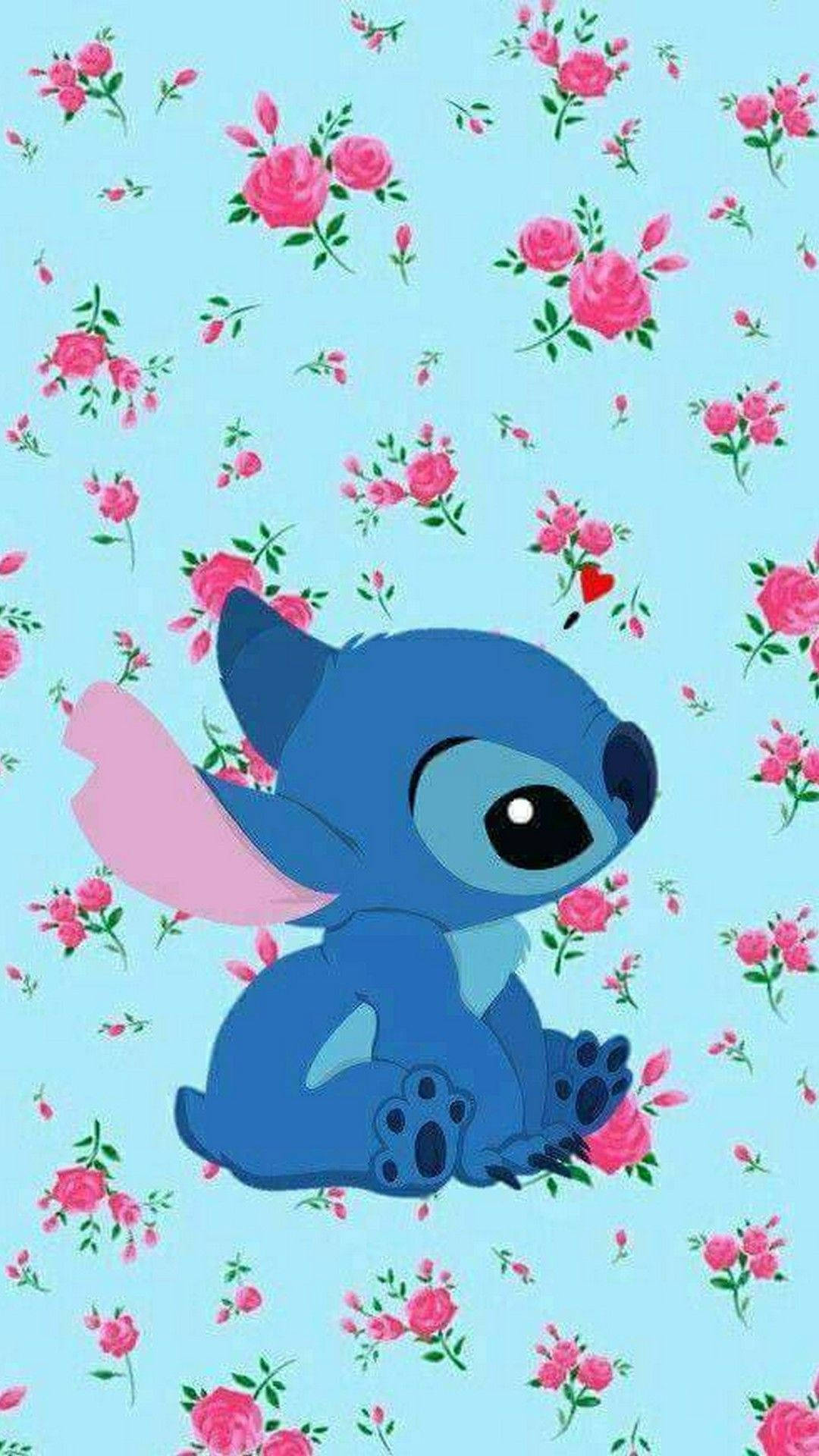 Cute Aesthetic Stitch With Floral Design Background