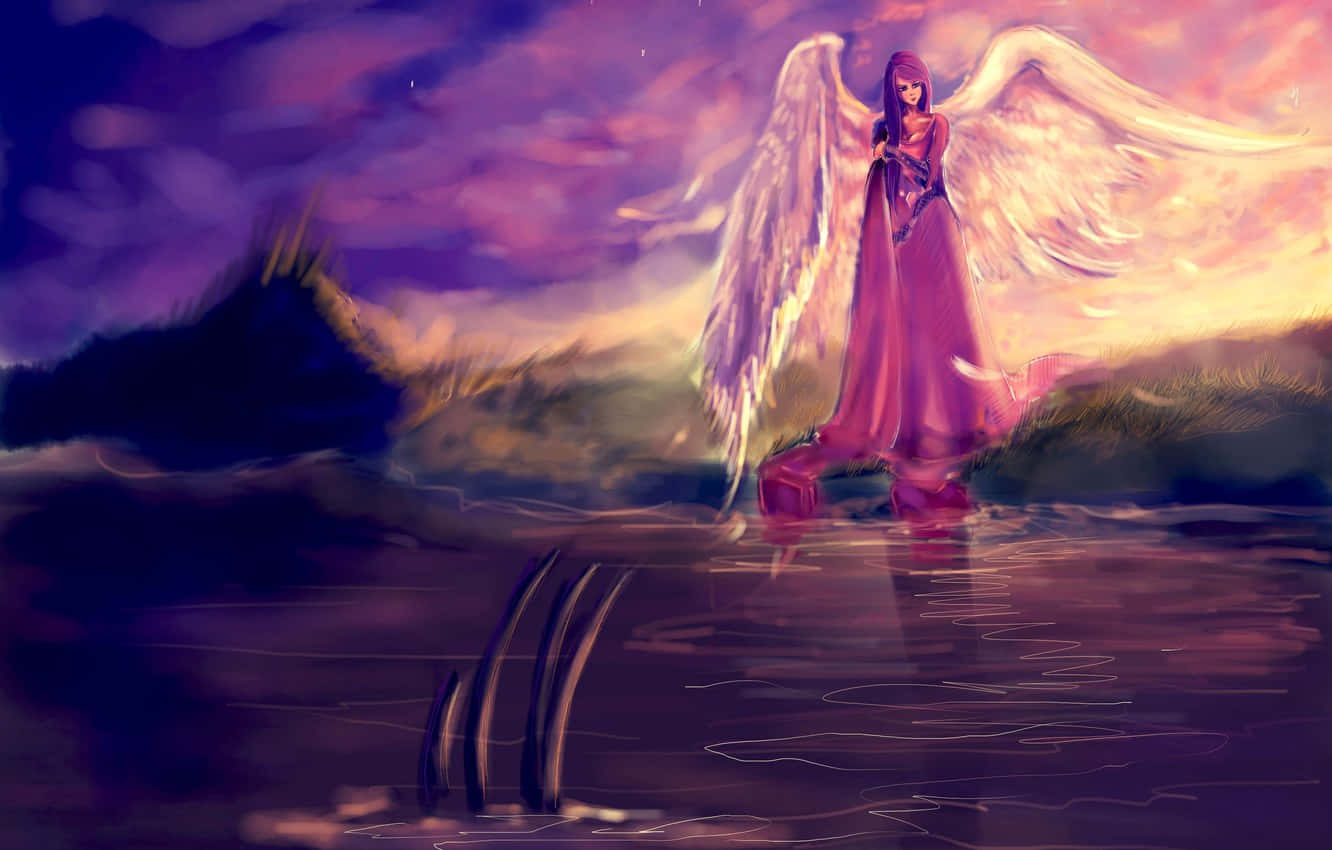 Cute Angel Walking By A River Background