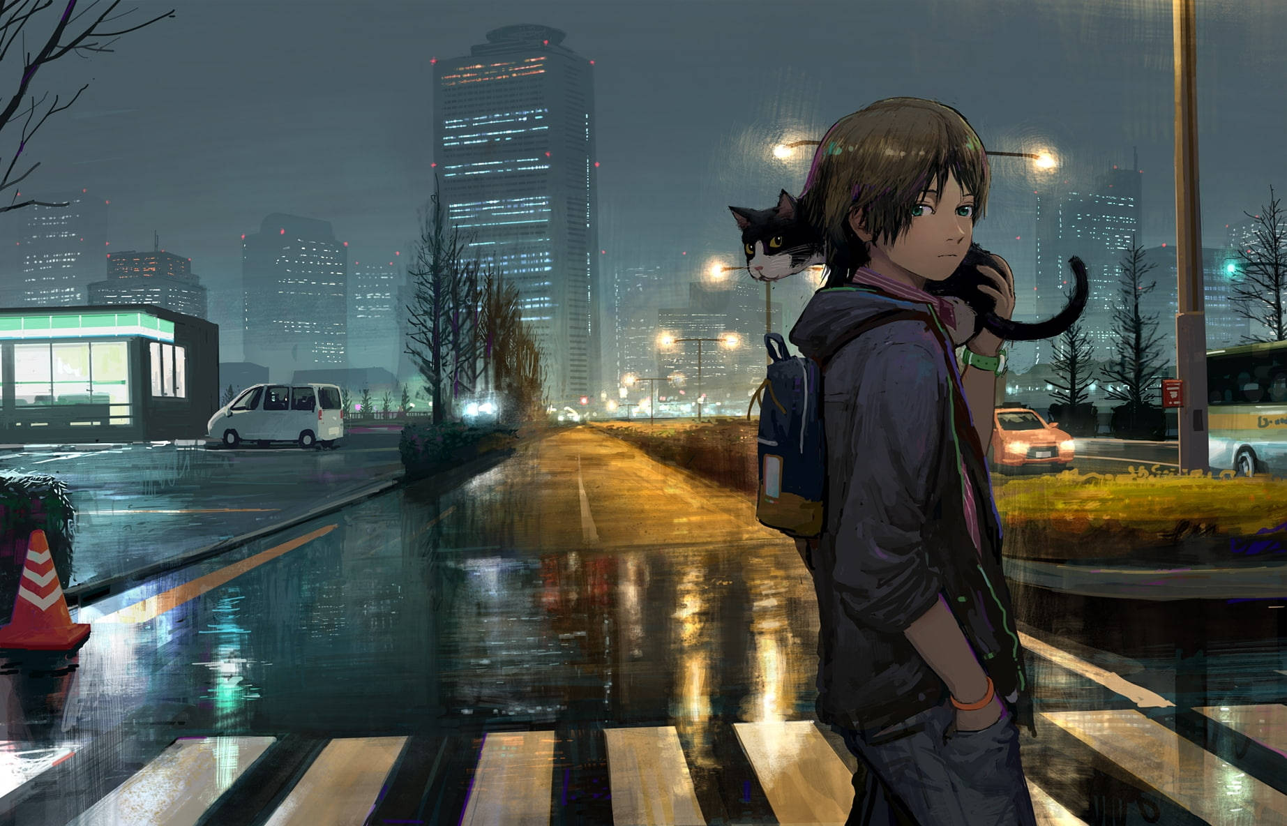 Cute Anime Boy Carrying A Cat In The Streets Background