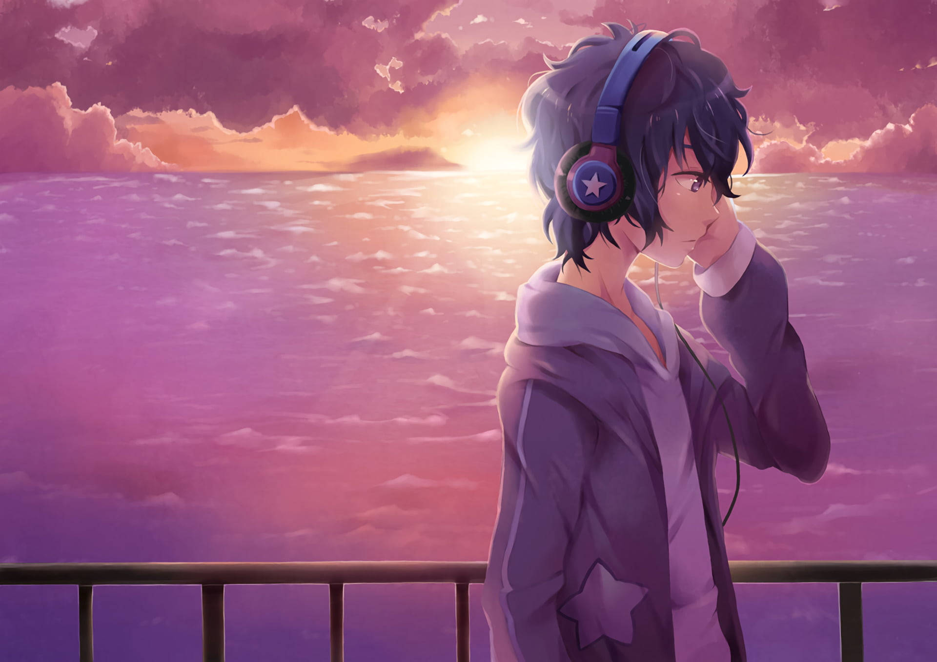 Cute Anime Boy With Headphones Background