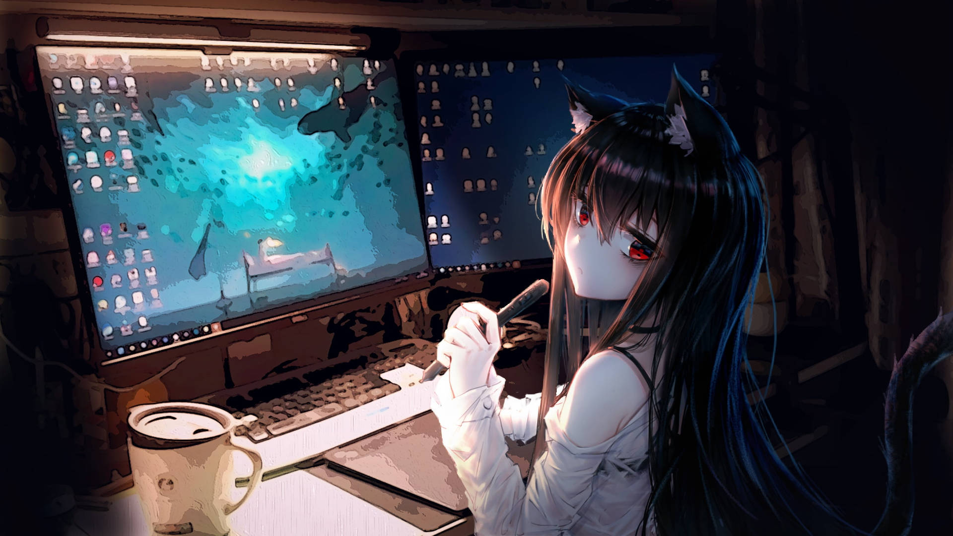 Cute Anime Characters With A Computer Background