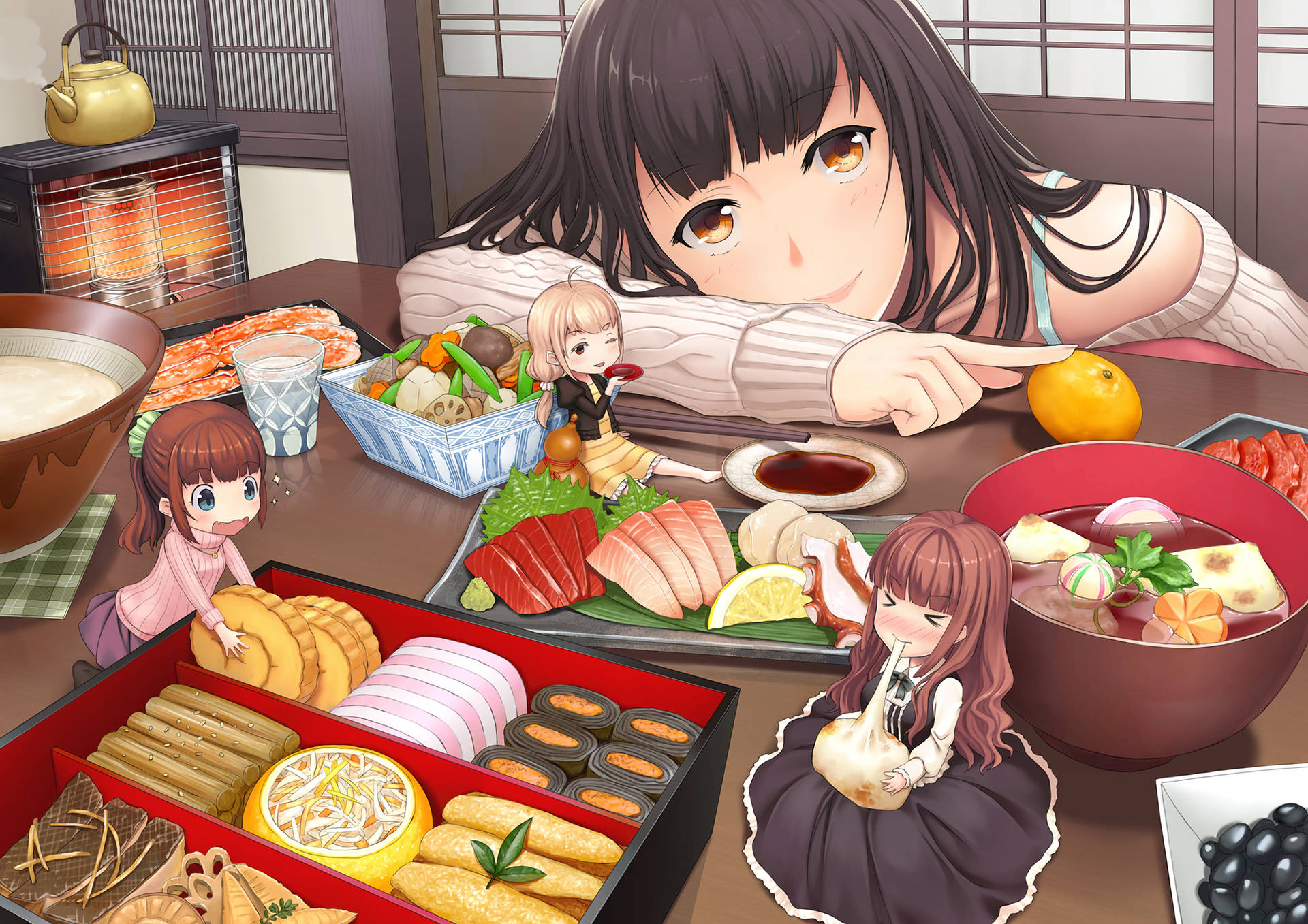 Cute Anime Characters With Food Background
