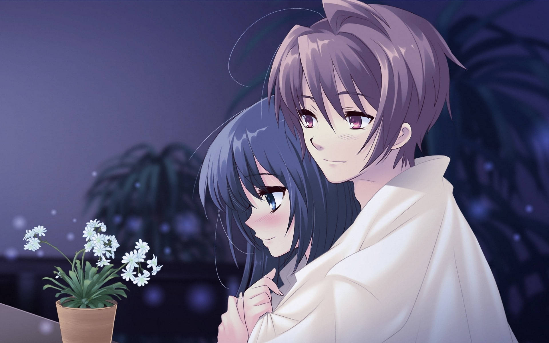Cute Anime Couple And Potted Flowers Background