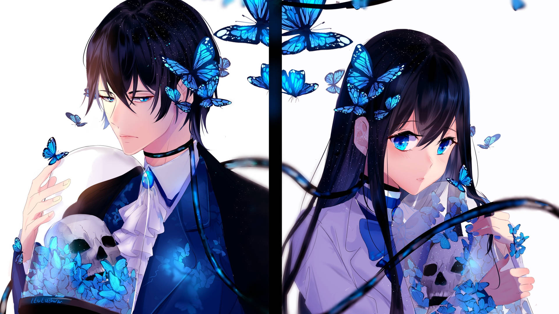 Cute Anime Couple Butterflies Background