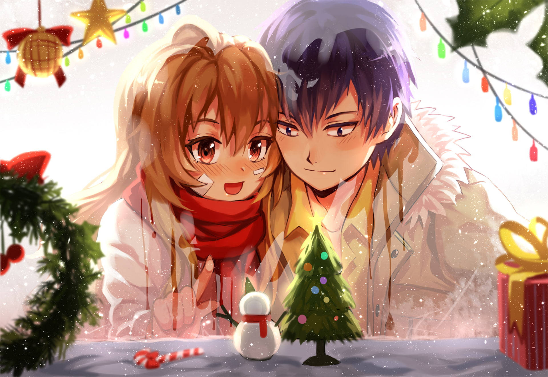 Cute Anime Couple Christmas Decor Background