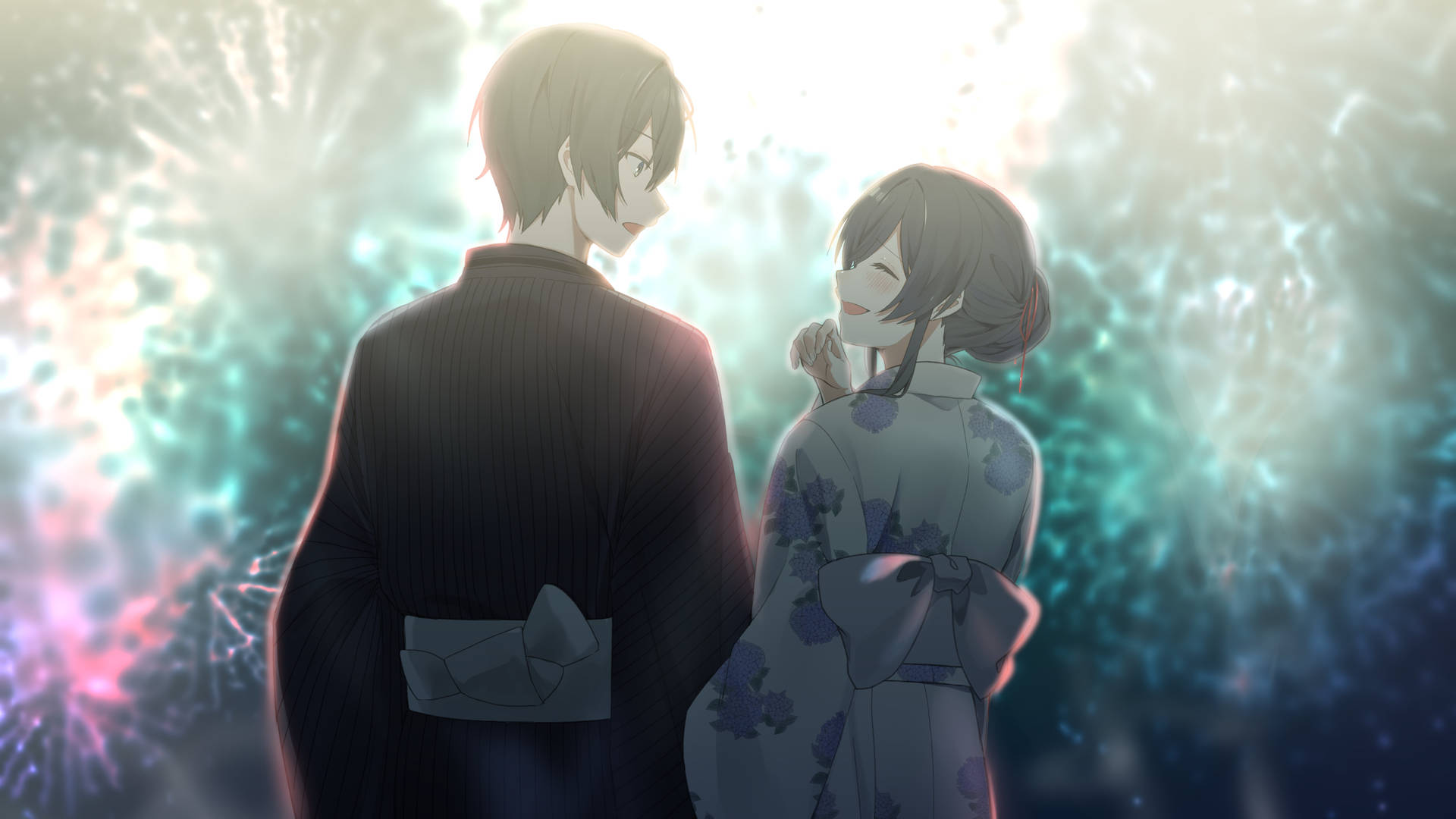 Cute Anime Couple Fireworks Background