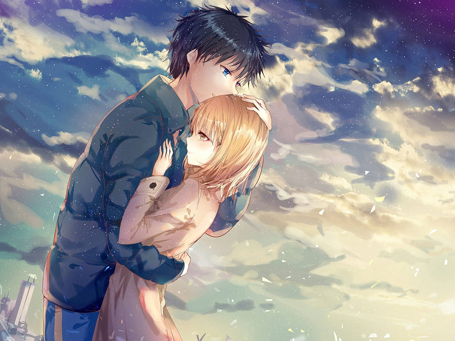 Cute Anime Couple Holding Each Other Background