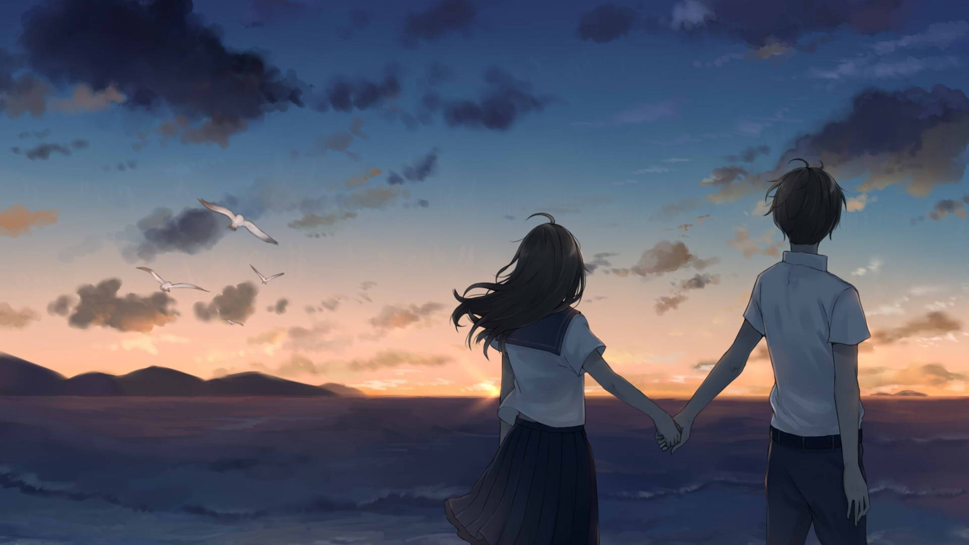 Cute Anime Couple Holding Hands Sunset