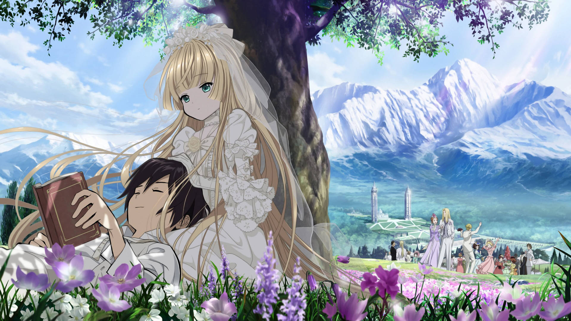 Cute Anime Couple In Flower Field Background