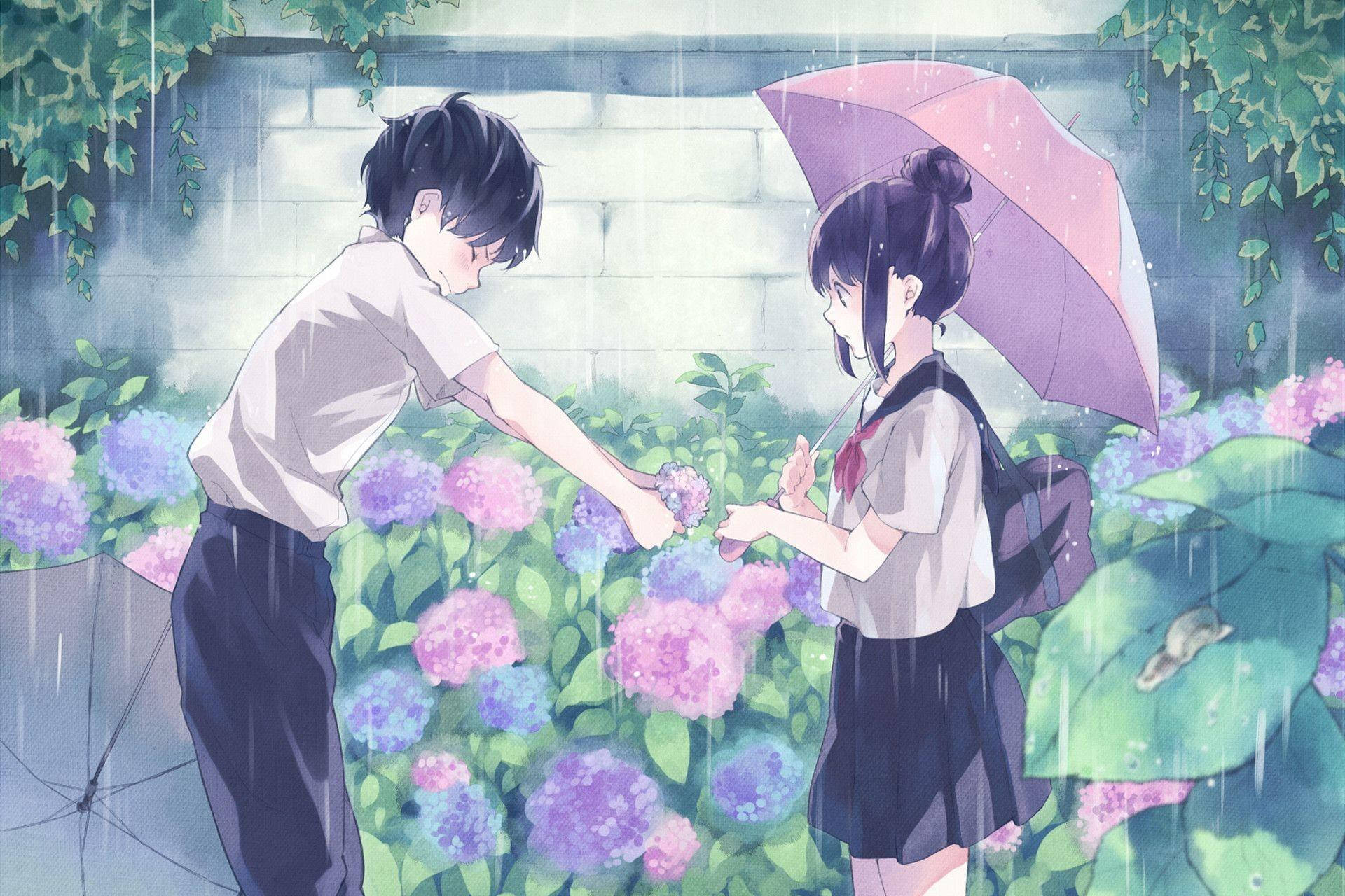 Cute Anime Couple In School Uniform Background