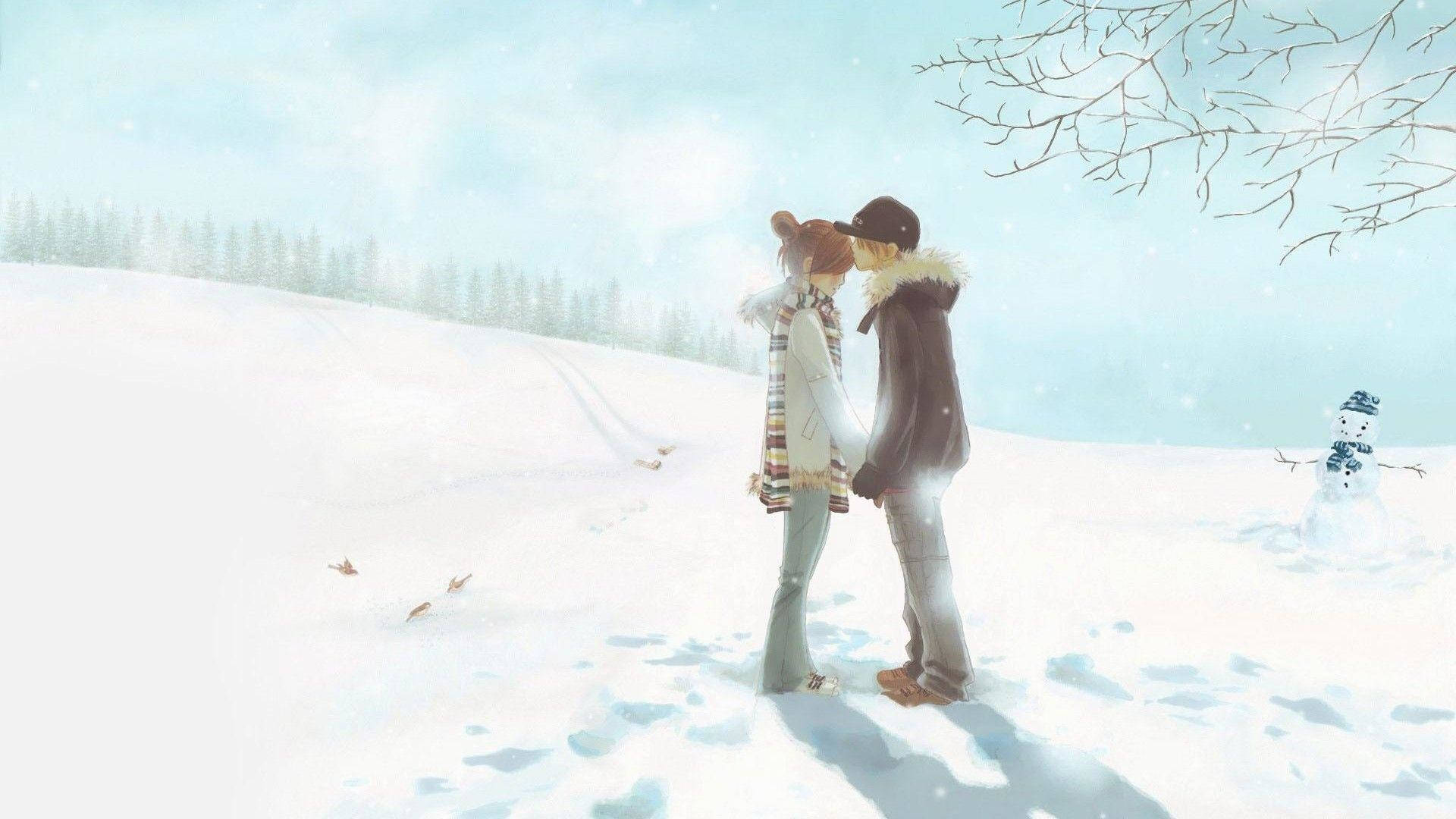 Cute Anime Couple In Snow Background