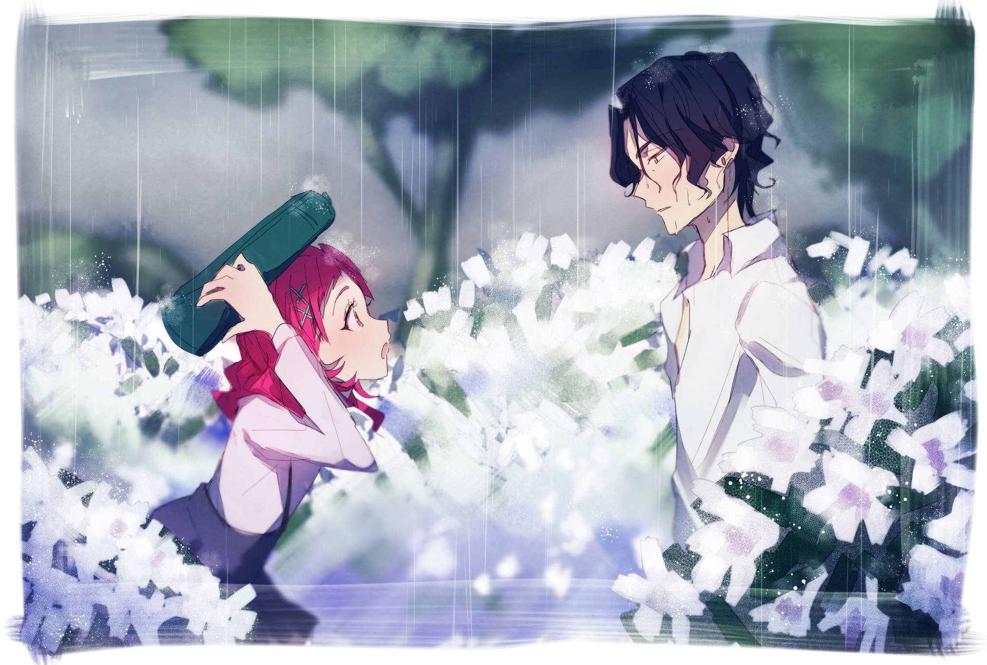 Cute Anime Couple In The Rain Background